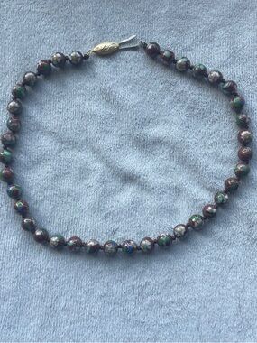 Cloisonné Beaded Necklace - Green & Brown Floral Beads